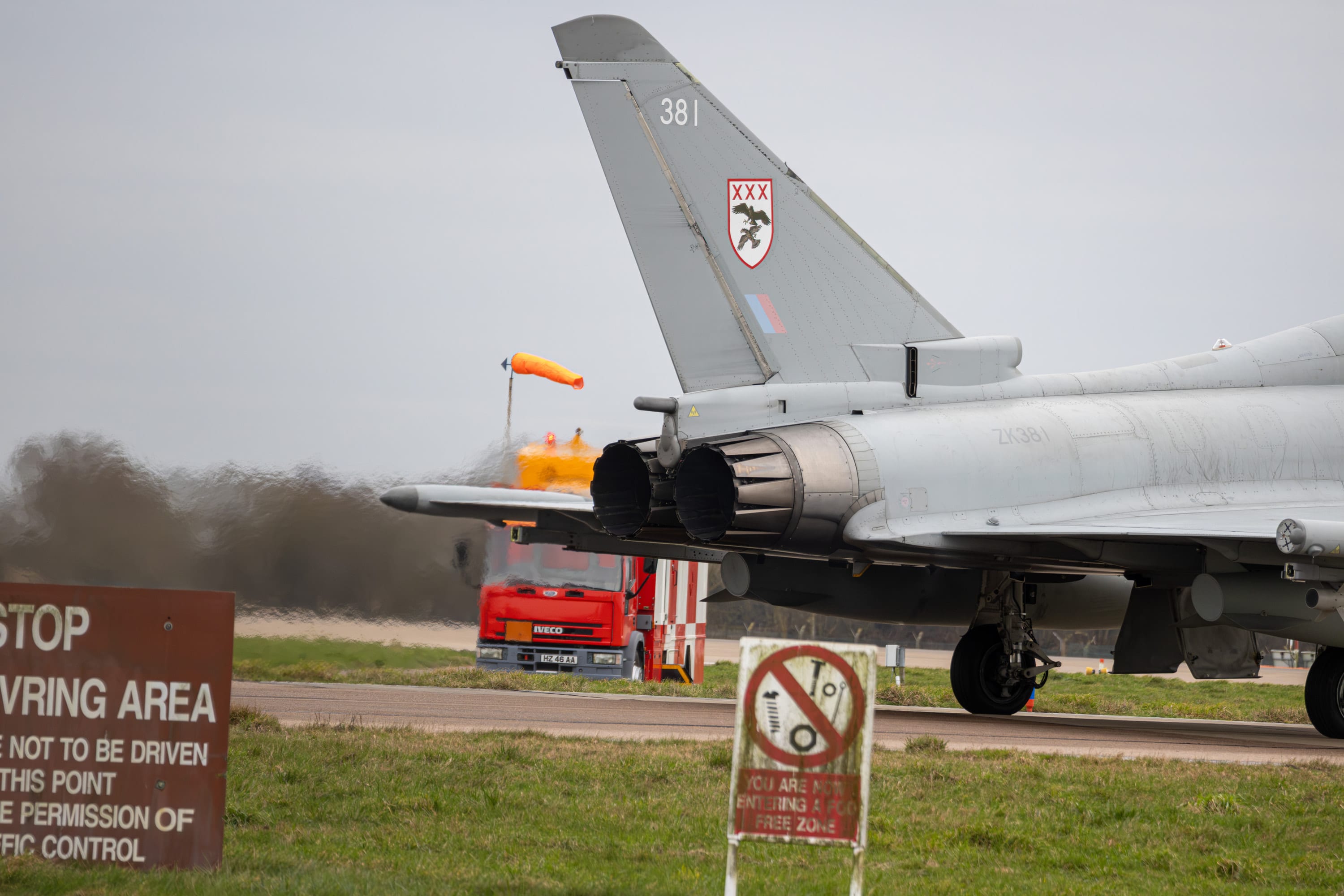 Royal Air Force 29 Squadron Typhoon T3 ZK381 at the holding point at RAF Coningsby