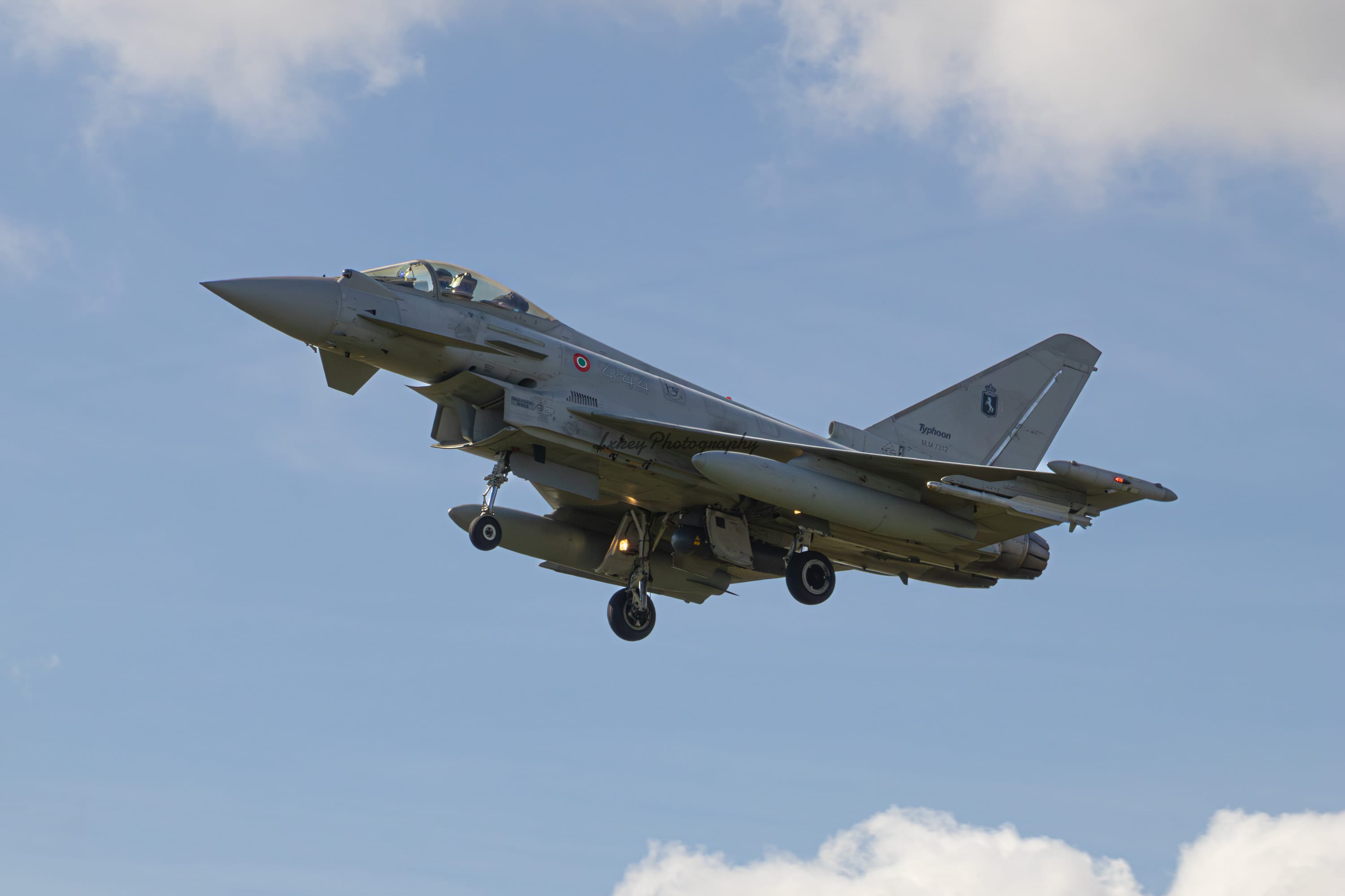 Italian Air Force 4 Stormo Eurofighter F-2000A Typhoon MM7312 code 4-44 arriving at RAF Coningsby